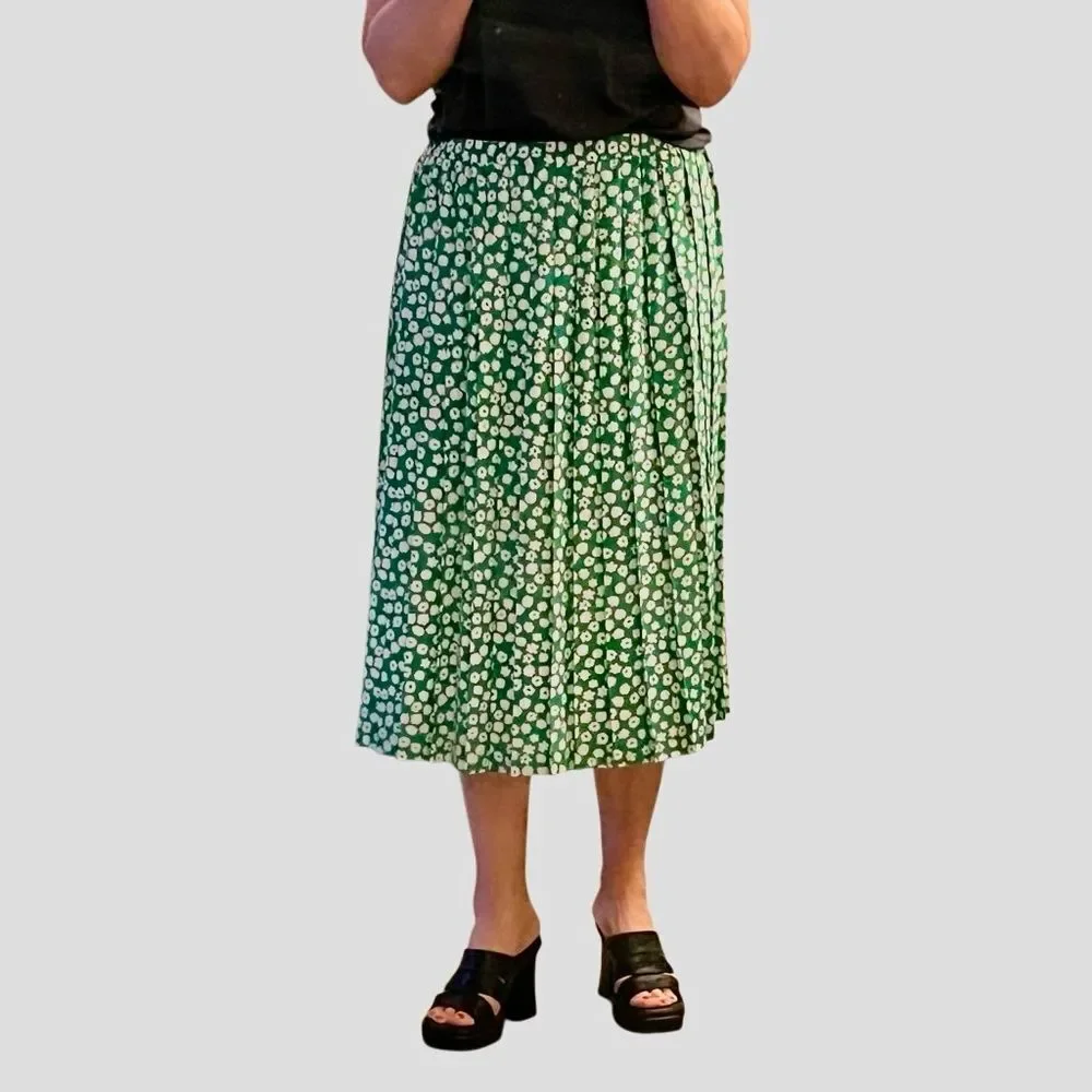 Vtg 90s Andrea Gayle Green Pleated Black White Floral Maxi Skirt 14.5” 12 M L